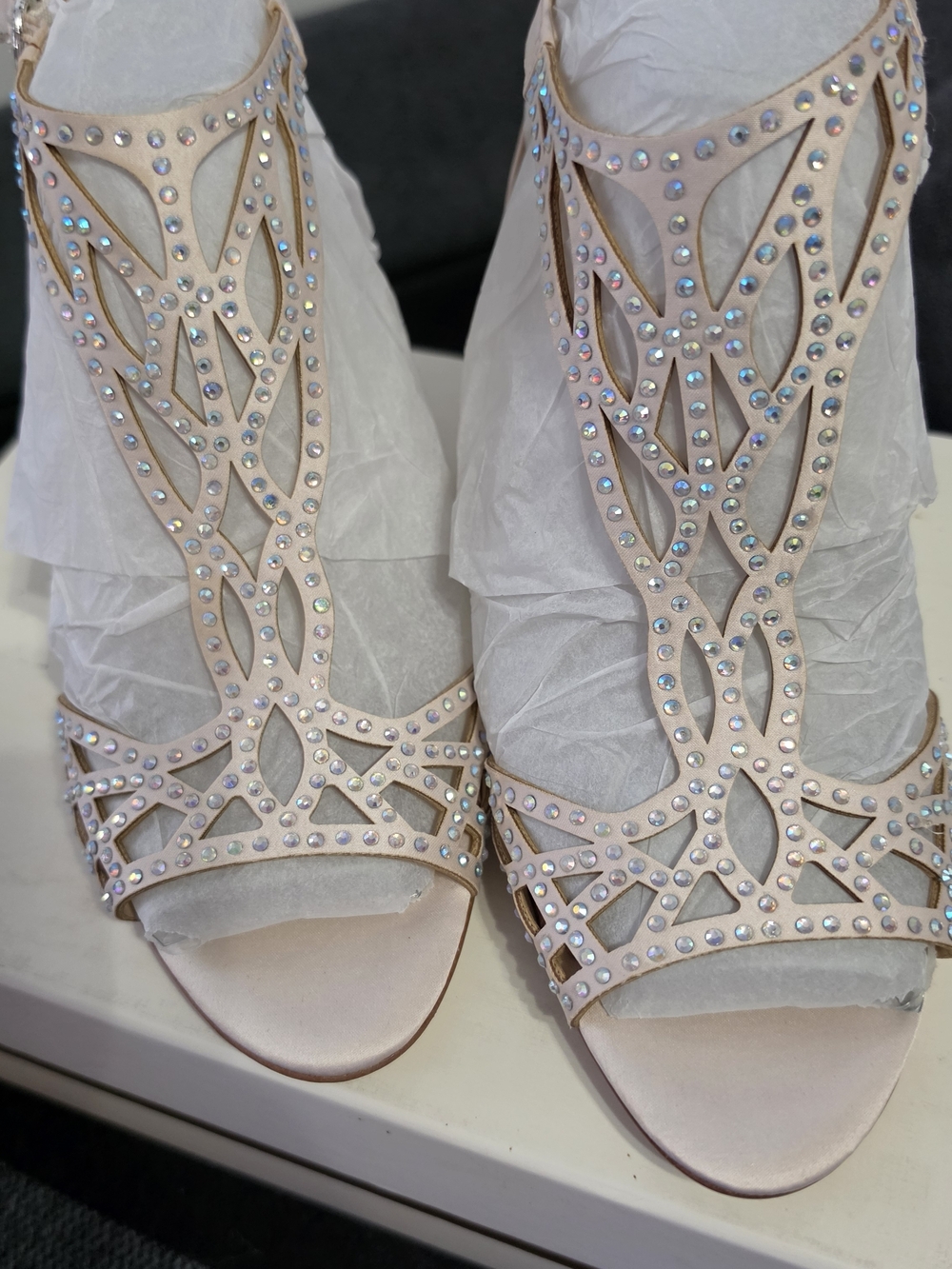 Vince Camuto Nude Crystal Cutout Open-Toe Heels